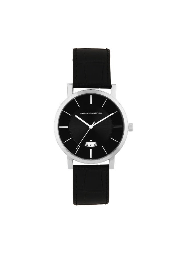 French Connection Men's Silver Dial Black Leather Strap Analog Watch 34mm - Image 1
