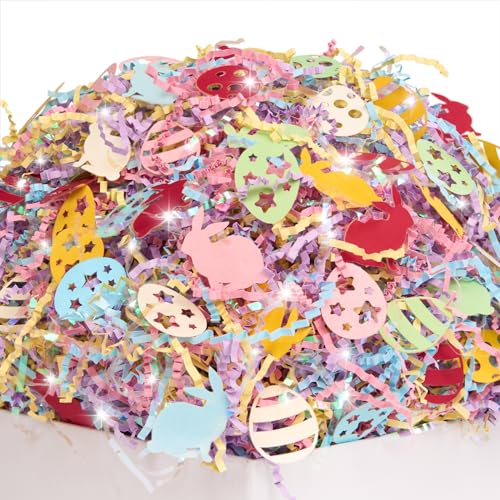 PAPER FAIR 1 LB Iridescent Easter Grass Crinkle Cut Paper w/Bunny Egg Confetti, Blue Yellow Purple Pink Shred Filler Mix Raffia Tissue Craft Bedding Cushion, Party Birthday Gift Box Basket Retail - Image 1