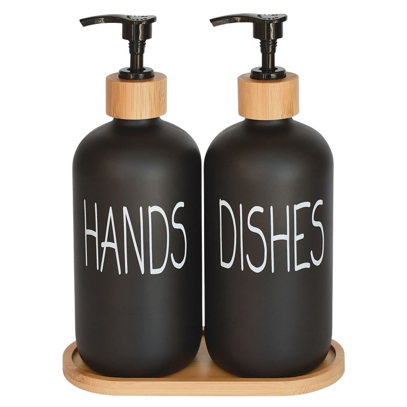 Glass Soap Dispenser Set Hand and Dish with Bamboo Tray Vintage Pump for Kitchen Sink Bathroom Stylish Permanent Labels Matte Black