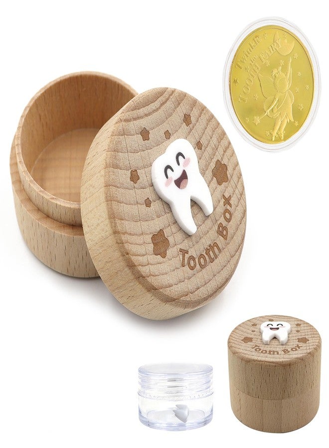 ACOSIY Wooden Tooth Fairy Box, Cute Tooth Fairy Tooth Holder, Tooth Fairy Kit with Tooth Fairy Coin and Transparent Storage Box, 3D Carved First Tooth Keepsake Box for Lost Teeth (Smiley) - Image 1