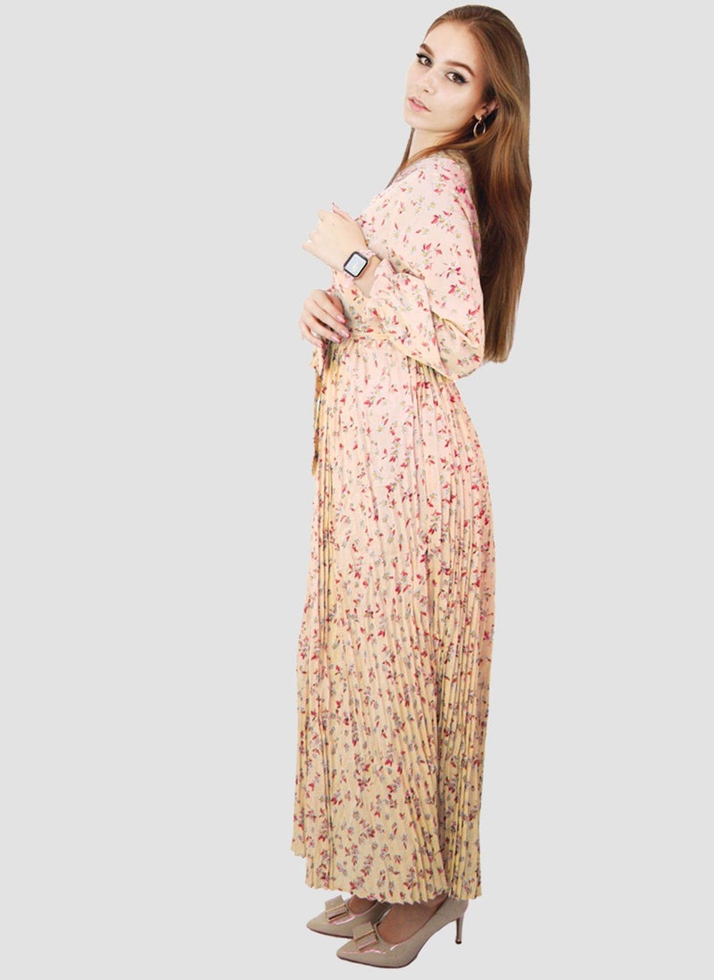 Kidwala Women'S Long Floral Dress, Front Tie Knot, Full Length Sleeves, V Neckline Design, Peach & Green & Red Printed Vintage, Maxi Dress & Accordion Button - Image 5