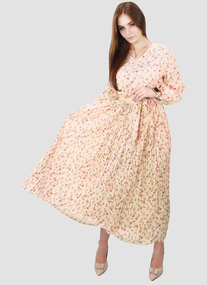 Kidwala Women'S Long Floral Dress, Front Tie Knot, Full Length Sleeves, V Neckline Design, Peach & Green & Red Printed Vintage, Maxi Dress & Accordion Button - Image 2