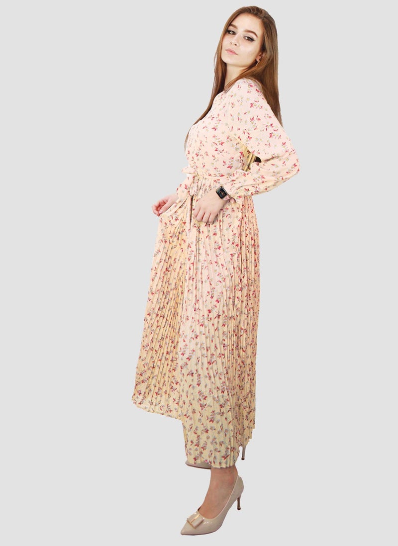 Kidwala Women'S Long Floral Dress, Front Tie Knot, Full Length Sleeves, V Neckline Design, Peach & Green & Red Printed Vintage, Maxi Dress & Accordion Button - Image 4