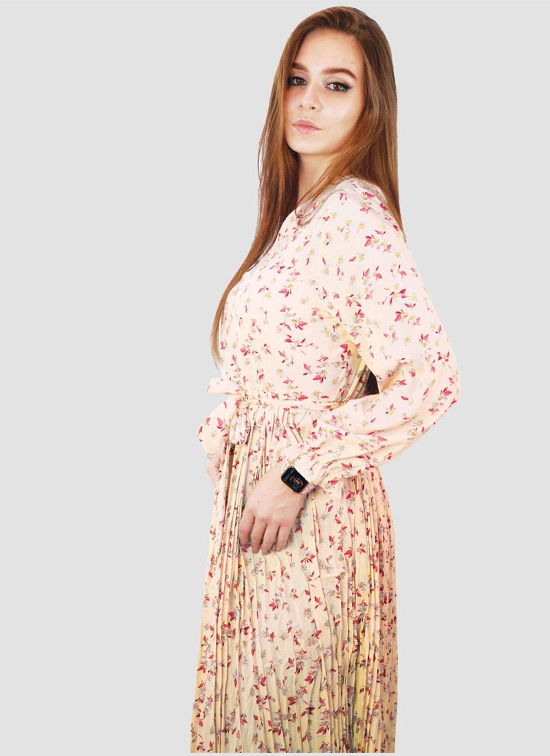 Kidwala Women'S Long Floral Dress, Front Tie Knot, Full Length Sleeves, V Neckline Design, Peach & Green & Red Printed Vintage, Maxi Dress & Accordion Button - Image 1