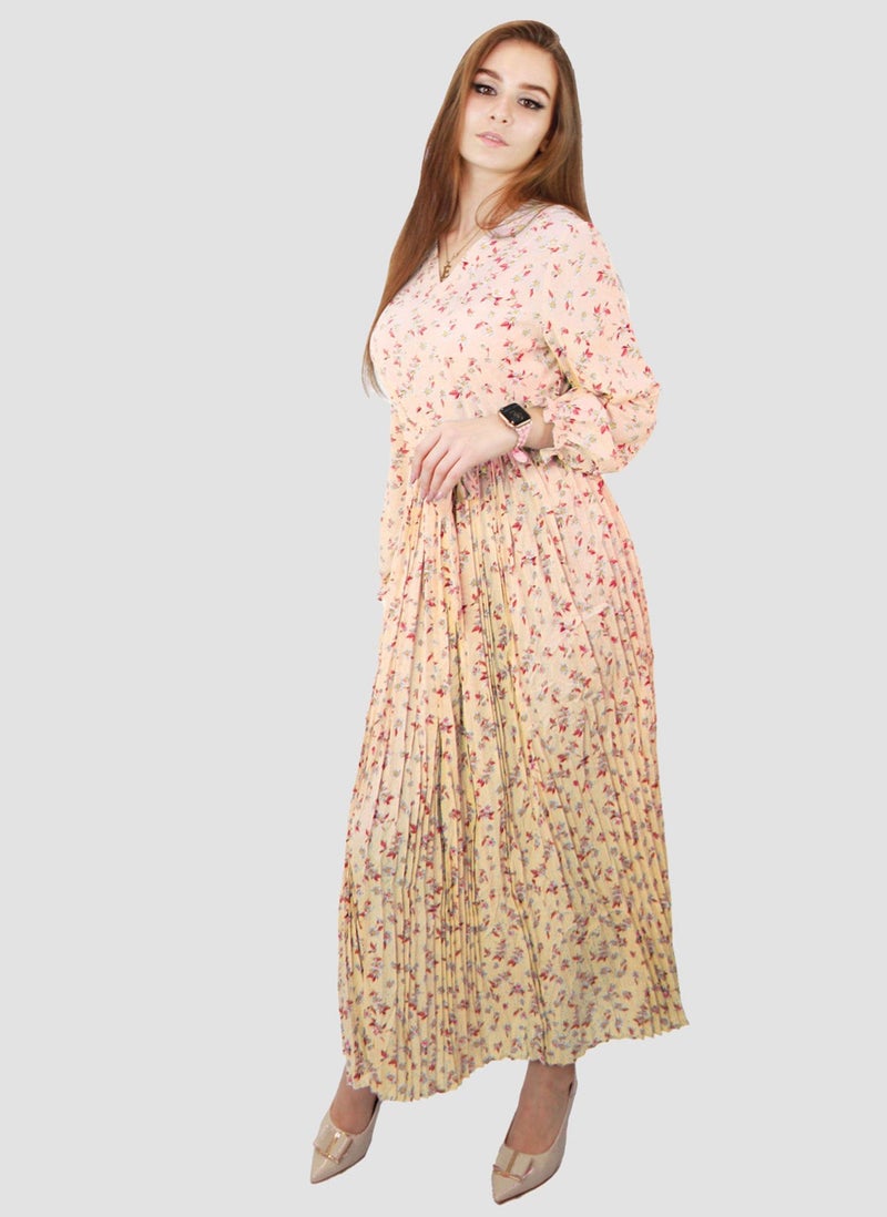 Kidwala Women'S Long Floral Dress, Front Tie Knot, Full Length Sleeves, V Neckline Design, Peach & Green & Red Printed Vintage, Maxi Dress & Accordion Button - Image 3
