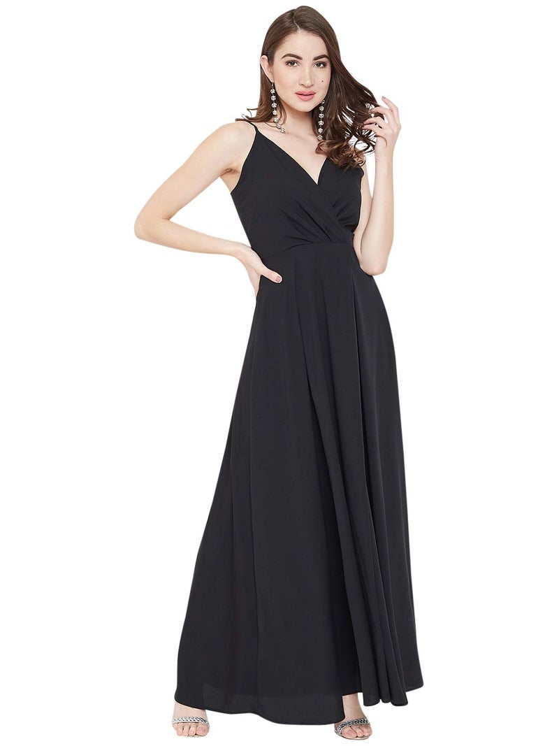 Berrylush Black Front Slit Shoulder Strap Maxi Dress | Polyester - Image 1