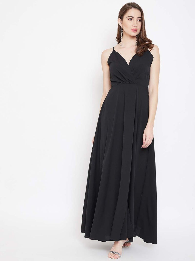 Berrylush Black Front Slit Shoulder Strap Maxi Dress | Polyester - Image 2