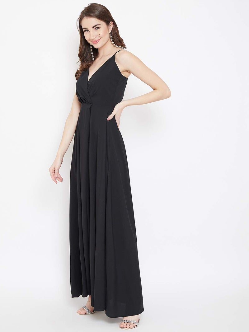 Berrylush Black Front Slit Shoulder Strap Maxi Dress | Polyester - Image 3