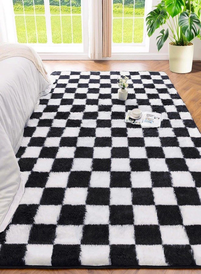 Andency 5x7 Ft Black and White Area Rug for Living Room Classic Checkered Shaggy Rug Non-Slip High Pile Soft Fluffy Rug Fuzzy Carpet Bedroom Kids Toddler Room Nursery Playroom, Cute Dorm Home Decor - Image 3