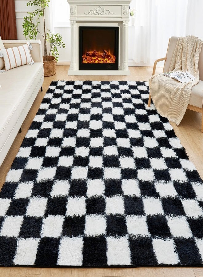 Andency 5x7 Ft Black and White Area Rug for Living Room Classic Checkered Shaggy Rug Non-Slip High Pile Soft Fluffy Rug Fuzzy Carpet Bedroom Kids Toddler Room Nursery Playroom, Cute Dorm Home Decor - Image 4
