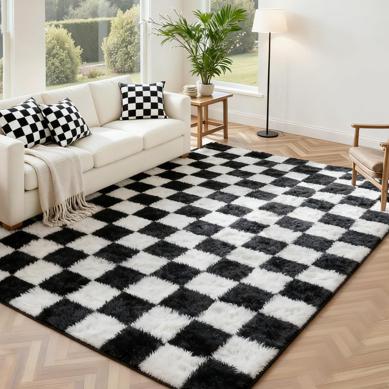 Andency 5x7 Ft Black and White Area Rug for Living Room Classic Checkered Shaggy Rug Non-Slip High Pile Soft Fluffy Rug Fuzzy Carpet Bedroom Kids Toddler Room Nursery Playroom, Cute Dorm Home Decor - Image 1