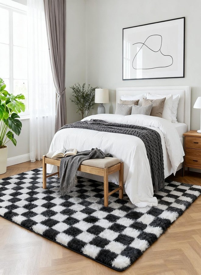 Andency 5x7 Ft Black and White Area Rug for Living Room Classic Checkered Shaggy Rug Non-Slip High Pile Soft Fluffy Rug Fuzzy Carpet Bedroom Kids Toddler Room Nursery Playroom, Cute Dorm Home Decor - Image 2