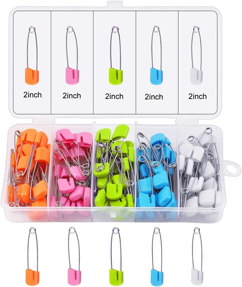 ARTCXC 1Box(100Pcs) 5Colors 55mm/ 2.2 Inch Safety Pins Plastic Head Stainless Steel Diaper Pins Safety Locking Cloth Diaper Nappy Pins - Image 1