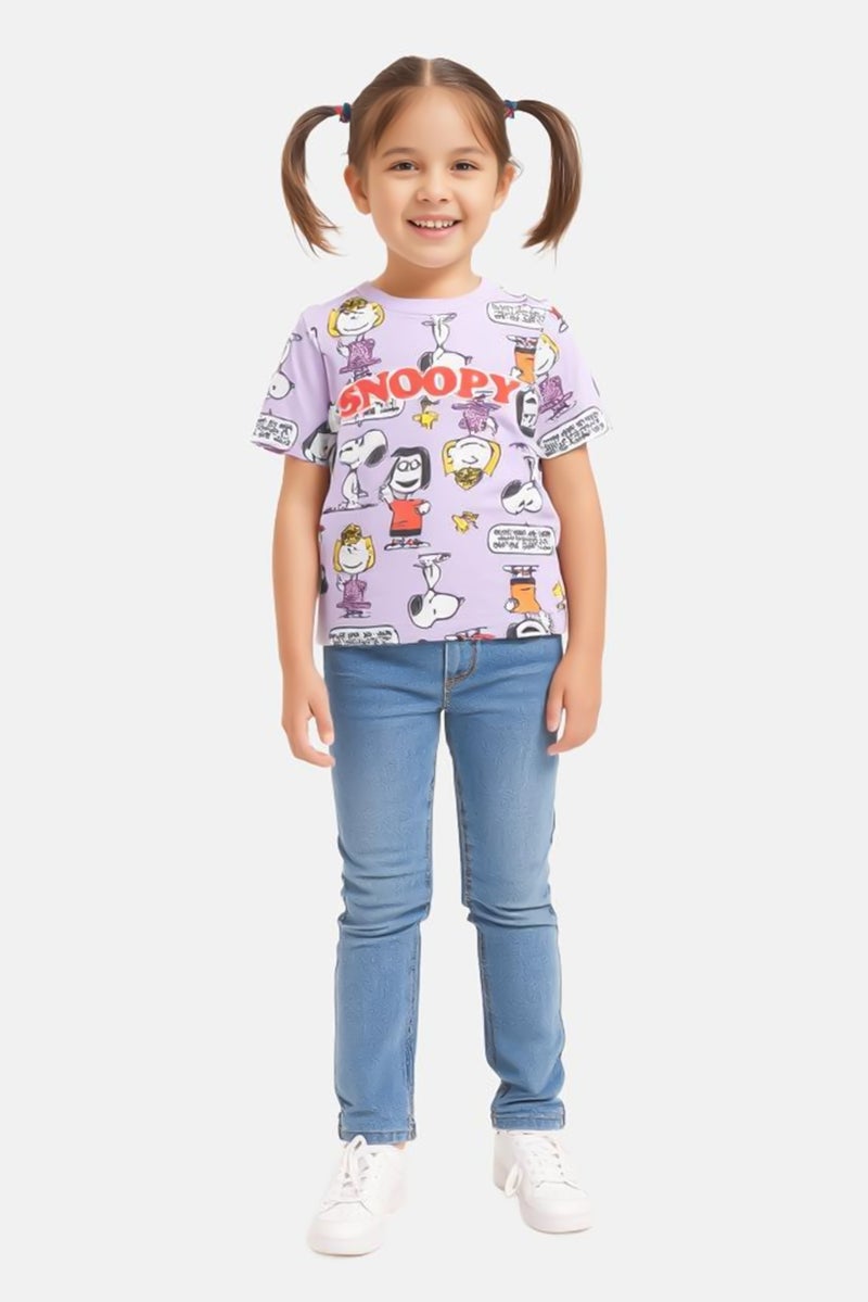 Peanuts Kids Girl Crew Neck Short Sleeve Allover Print Top, Multicolor - Image 1