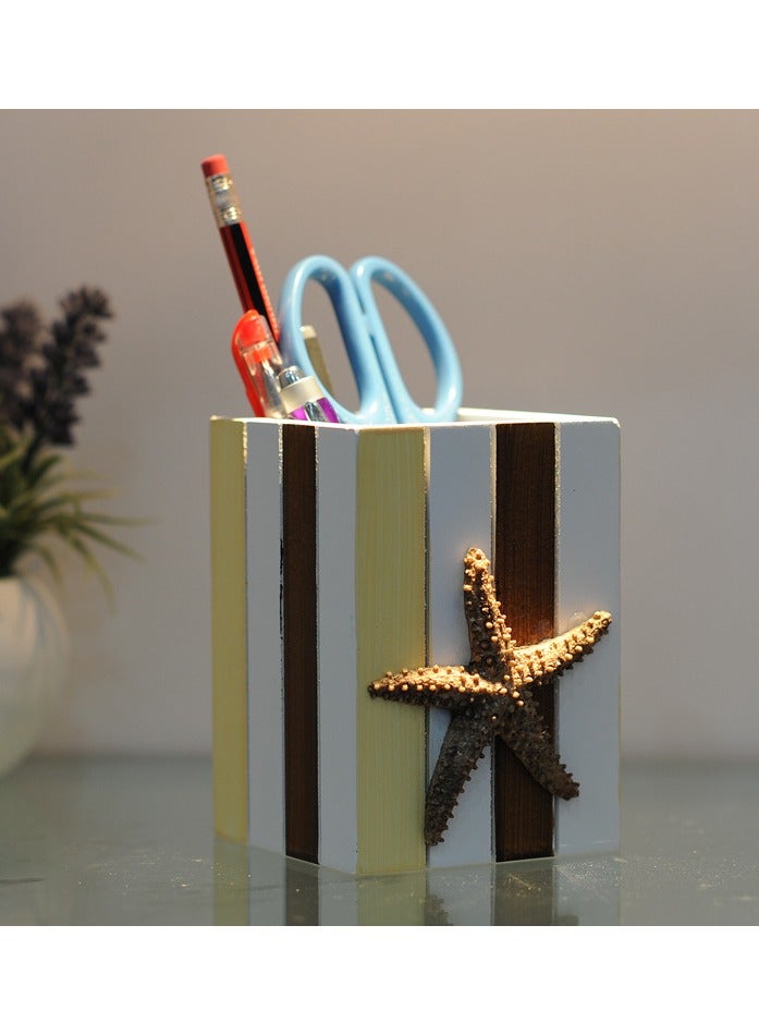 YINZUO Table Pencil Storage Holder Nautical Striped Desk Organizer Beach-Themed Pen Holders with Sailboat, Lifebuoy, Starfish, and Bird Decor - Image 1