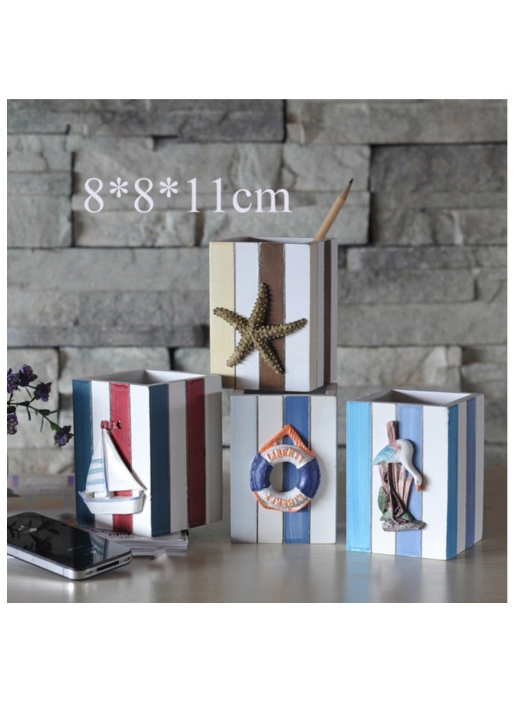 YINZUO Table Pencil Storage Holder Nautical Striped Desk Organizer Beach-Themed Pen Holders with Sailboat, Lifebuoy, Starfish, and Bird Decor - Image 5