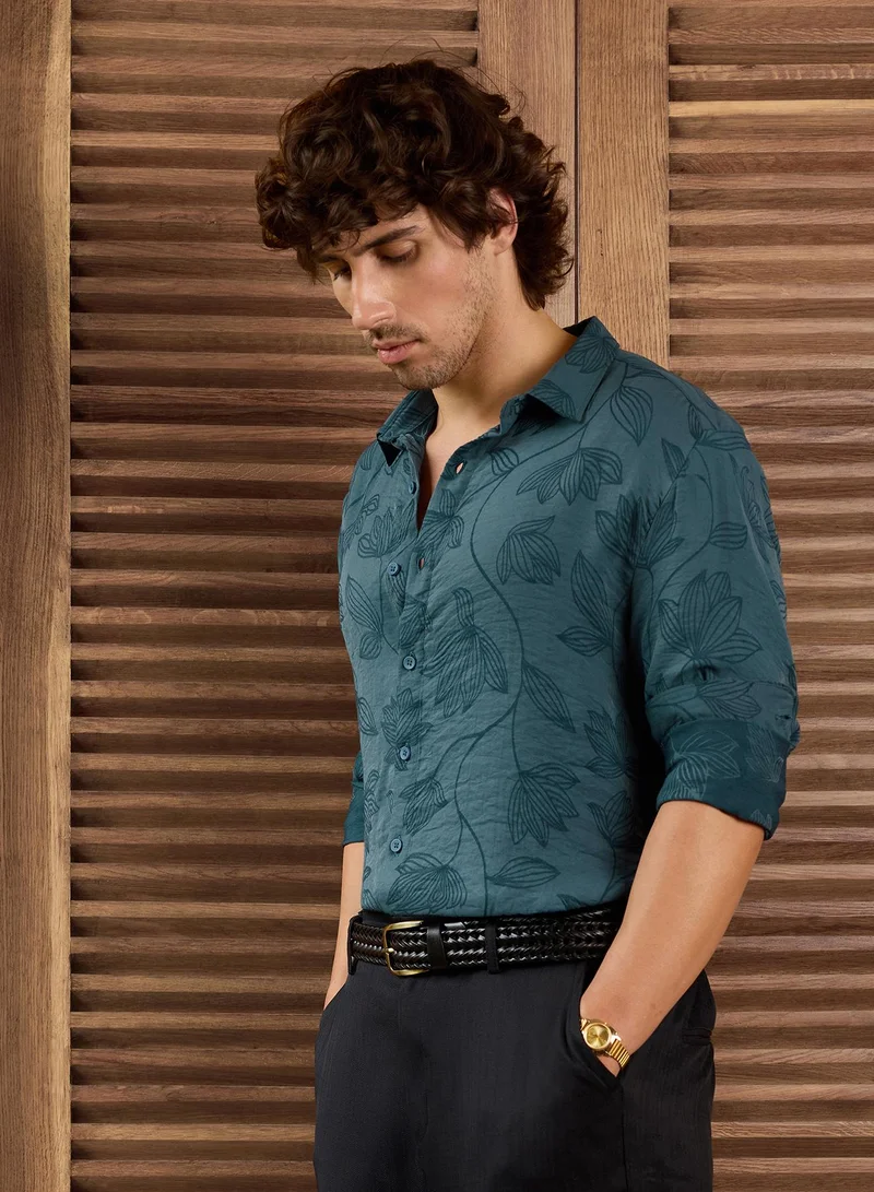 CAHOOT Men's Blue Self Design Regular Shirt For Casual Wear | Collared Neck | Long Sleeve | Button Closure | Viscose Shirt Crafted With Comfort Fit For Everyday Wear