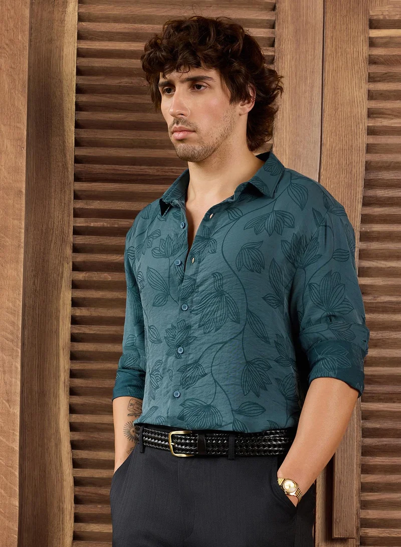 CAHOOT Men's Blue Self Design Regular Shirt For Casual Wear | Collared Neck | Long Sleeve | Button Closure | Viscose Shirt Crafted With Comfort Fit For Everyday Wear