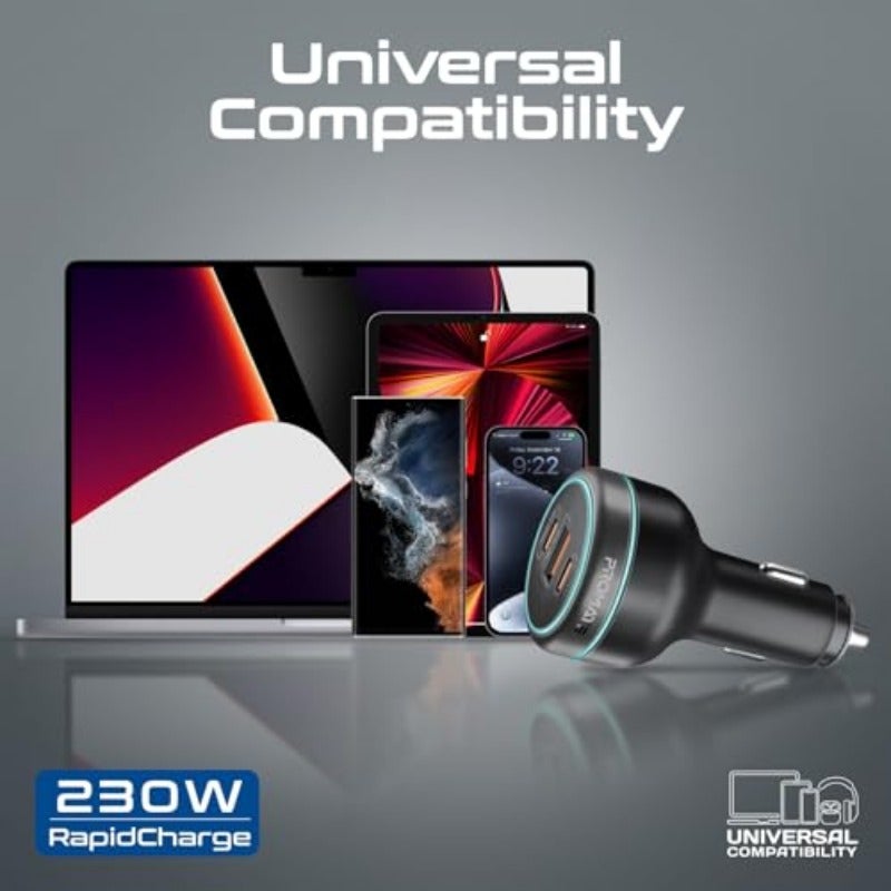 شاحن سيارة بقوة 230 واط مع تقنية الشحن السريع مع منفذين USB-C مزدوجين 140 واط و 45 واط وUSB-A 3.0-45 واط لاب توب وهاتف ذكي باور درايف-230 - Image 2