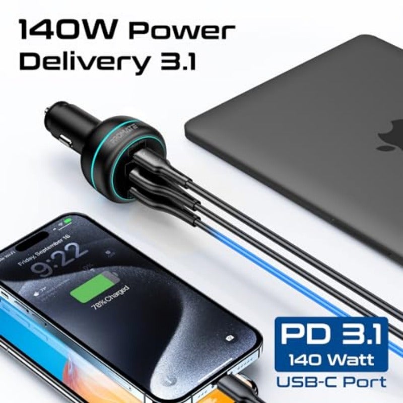 شاحن سيارة بقوة 230 واط مع تقنية الشحن السريع مع منفذين USB-C مزدوجين 140 واط و 45 واط وUSB-A 3.0-45 واط لاب توب وهاتف ذكي باور درايف-230 - Image 3