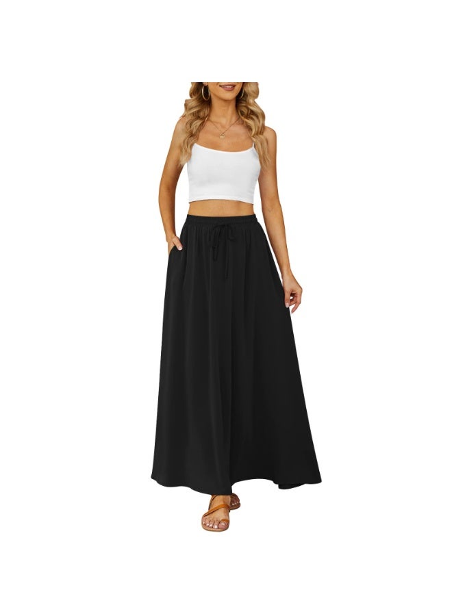 Women's High Waisted Pleated Chiffon Maxi Skirt with Pockets, Black, M - Image 1