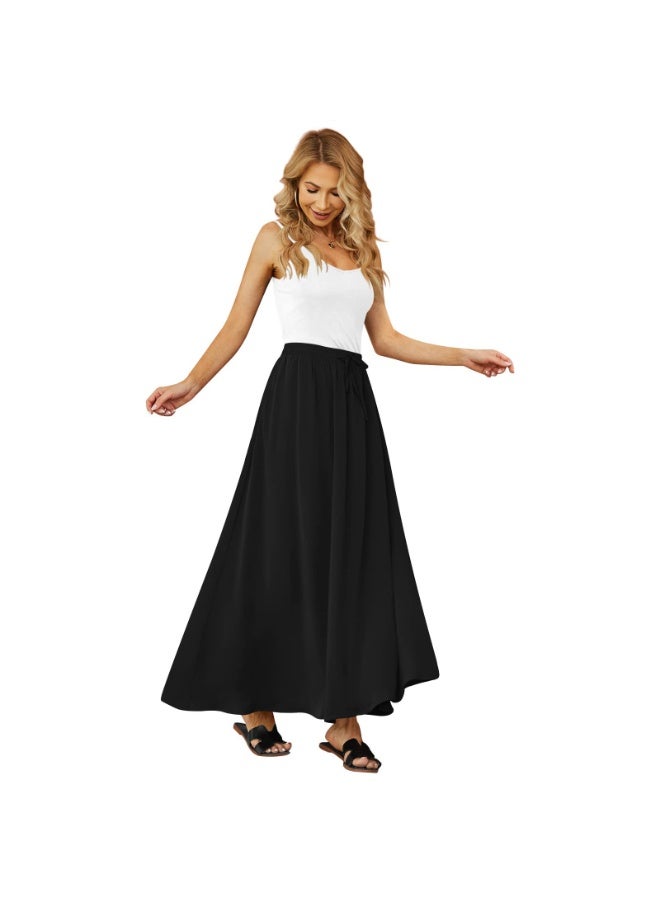 Women's High Waisted Pleated Chiffon Maxi Skirt with Pockets, Black, M - Image 3