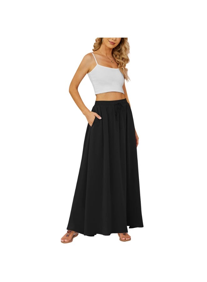 Women's High Waisted Pleated Chiffon Maxi Skirt with Pockets, Black, M - Image 2