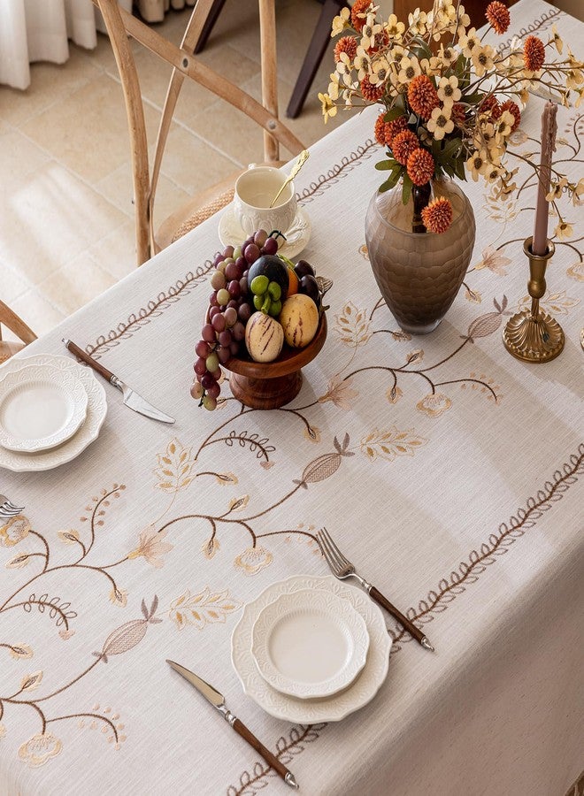 Joyfol Day Rustic Rectangle Table Cloth, Heavy Duty Linen Florals Embroidery Fall Tablecloths, Farmhouse Waterproof Tablecloth, Wrinkle Free Table Cover with Tassels, Coffee Berry, 55''x 70'' - Image 3