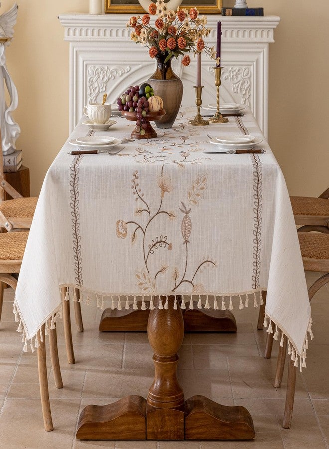 Joyfol Day Rustic Rectangle Table Cloth, Heavy Duty Linen Florals Embroidery Fall Tablecloths, Farmhouse Waterproof Tablecloth, Wrinkle Free Table Cover with Tassels, Coffee Berry, 55''x 70'' - Image 2