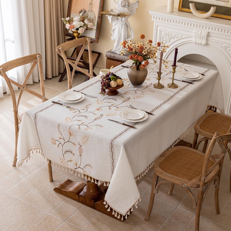 Joyfol Day Rustic Rectangle Table Cloth, Heavy Duty Linen Florals Embroidery Fall Tablecloths, Farmhouse Waterproof Tablecloth, Wrinkle Free Table Cover with Tassels, Coffee Berry, 55''x 70'' - Image 1