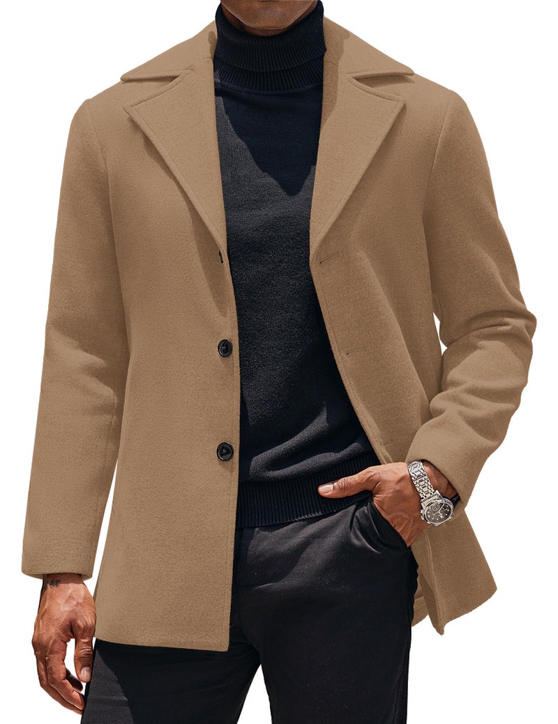 COOFANDY Mens Coat Single Breasted Notched Lapel Wool Blend Coat Winter Overcoat With Pockets - Image 1