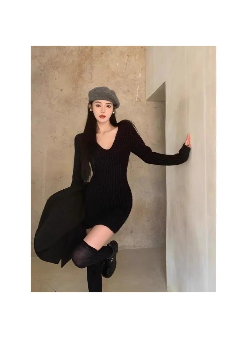 Generic Elegant Womens Knit Dress High-waisted Slimming Long Sleeve Sweater V-neck Pullovers Autumn/winter Fashion Brown  - Image 1