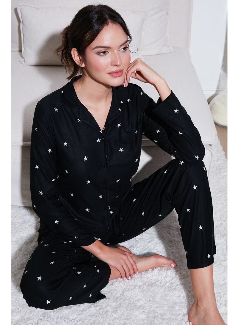 Lela Stretch Regular Fit Open Collar Elastic Waist Pajama Set Women's Pajama Set 65720501 - Image 1