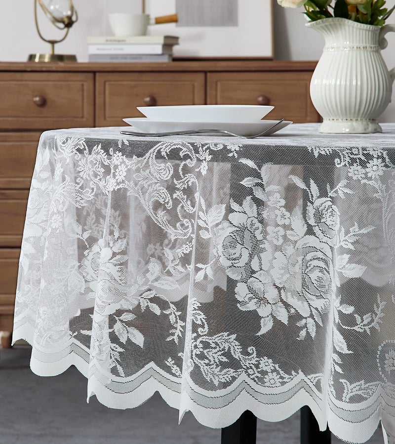 LinenZone Beautiful Oblong Lace Tablecloth with Elegant Scalloped Bottom for Any Special Event Such as Wedding  Birthday Party  Baby Shower  Anniversary. Sits 4 to 6 People. (54""W x 72""L TableCloth  Ivory) - Image 2
