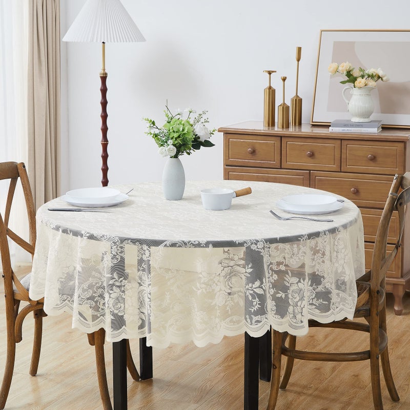 LinenZone Beautiful Oblong Lace Tablecloth with Elegant Scalloped Bottom for Any Special Event Such as Wedding  Birthday Party  Baby Shower  Anniversary. Sits 4 to 6 People. (54""W x 72""L TableCloth  Ivory) - Image 1