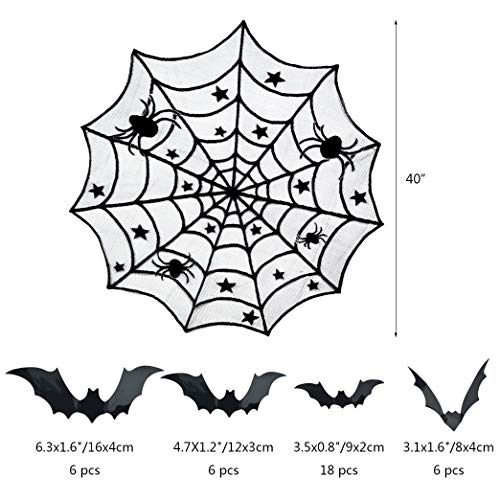 Tayfremn 5pack Halloween Decorations Tablecloth Runner Black Lace Round Spider Cobweb Table Cover Fireplace Mantel Scarf Spiderweb Fireplace Scarf Spider Lampshade with 36pcs Scary 3D Bat for Halloween Party - Image 3