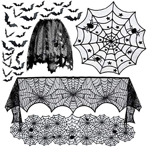 Tayfremn 5pack Halloween Decorations Tablecloth Runner Black Lace Round Spider Cobweb Table Cover Fireplace Mantel Scarf Spiderweb Fireplace Scarf Spider Lampshade with 36pcs Scary 3D Bat for Halloween Party - Image 1