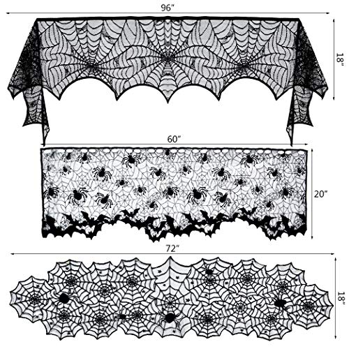 Tayfremn 5pack Halloween Decorations Tablecloth Runner Black Lace Round Spider Cobweb Table Cover Fireplace Mantel Scarf Spiderweb Fireplace Scarf Spider Lampshade with 36pcs Scary 3D Bat for Halloween Party - Image 2