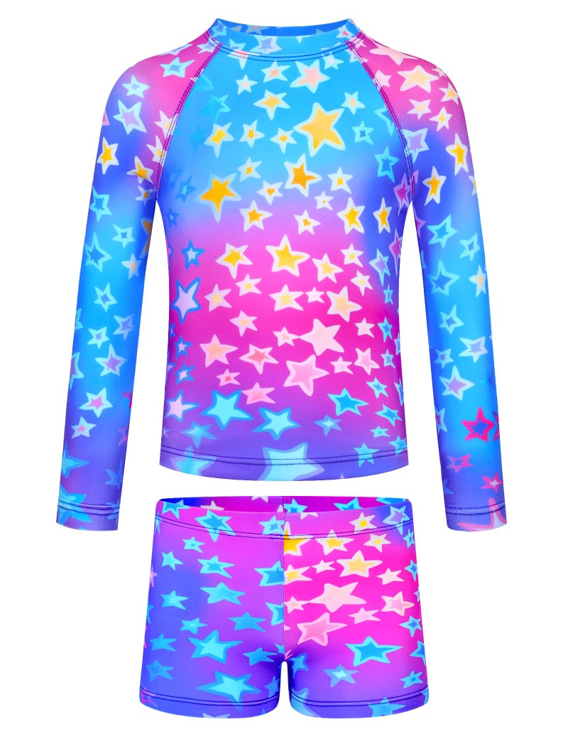 TENVDA Girls Long Sleeve Swimsuit Size 5-6 Years Old Blue Stars 2 Piece Rash Guard Bathing Suits Summer Boyshort Swimwear - Image 1