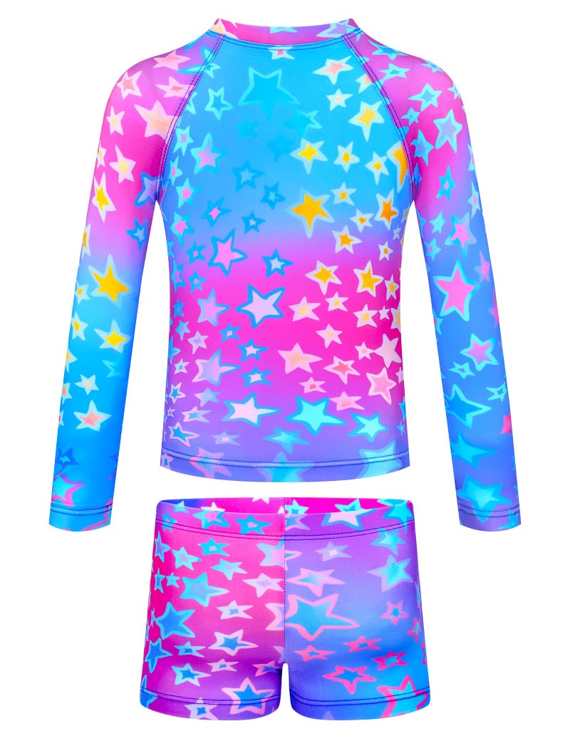 TENVDA Girls Long Sleeve Swimsuit Size 5-6 Years Old Blue Stars 2 Piece Rash Guard Bathing Suits Summer Boyshort Swimwear - Image 2