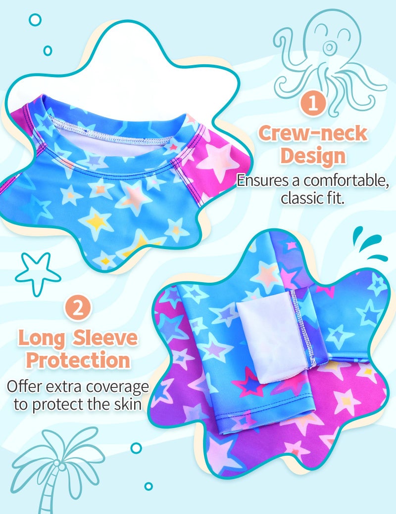 TENVDA Girls Long Sleeve Swimsuit Size 5-6 Years Old Blue Stars 2 Piece Rash Guard Bathing Suits Summer Boyshort Swimwear - Image 3