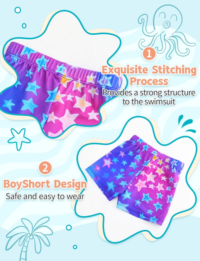 TENVDA Girls Long Sleeve Swimsuit Size 5-6 Years Old Blue Stars 2 Piece Rash Guard Bathing Suits Summer Boyshort Swimwear - Image 4