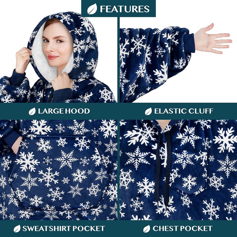 PAVILIA PAVILIA Blanket Hoodie for Women Blue  Sherpa Wearable Blanket Men  Cozy Oversized Sweatshirt Blanket  Warm Fleece Hooded Blanket Sweater with Sleeves and Giant Pocket  Blue Snowflake - Image 3