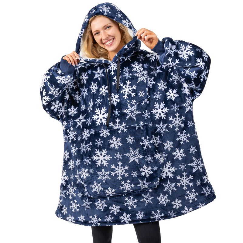PAVILIA PAVILIA Blanket Hoodie for Women Blue  Sherpa Wearable Blanket Men  Cozy Oversized Sweatshirt Blanket  Warm Fleece Hooded Blanket Sweater with Sleeves and Giant Pocket  Blue Snowflake - Image 1