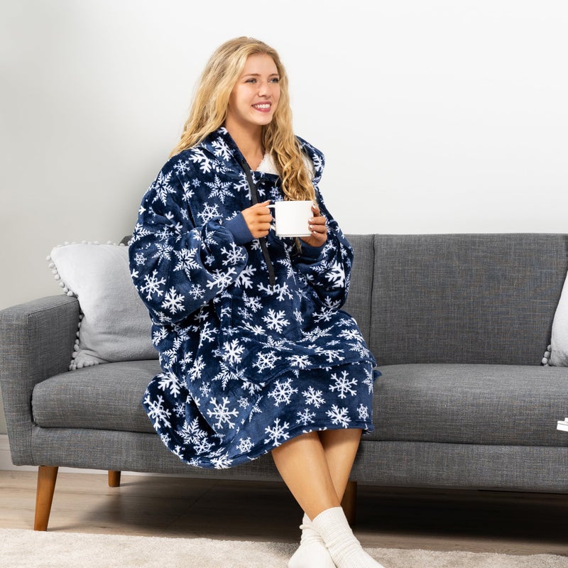 PAVILIA PAVILIA Blanket Hoodie for Women Blue  Sherpa Wearable Blanket Men  Cozy Oversized Sweatshirt Blanket  Warm Fleece Hooded Blanket Sweater with Sleeves and Giant Pocket  Blue Snowflake - Image 2