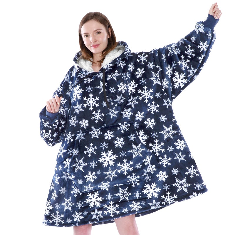 PAVILIA PAVILIA Blanket Hoodie for Women Blue  Sherpa Wearable Blanket Men  Cozy Oversized Sweatshirt Blanket  Warm Fleece Hooded Blanket Sweater with Sleeves and Giant Pocket  Blue Snowflake - Image 5