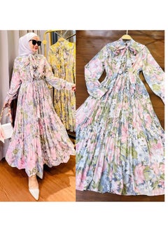 Generic Elegant Middle Eastern Ruffled Dress with Bow Tie Neckline  Chic Printed Fabric - Stylish Casual  - Image 1