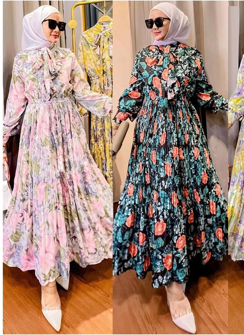 Generic - Elegant Middle Eastern Ruffled Dress with Bow Tie Neckline  Chic Printed Fabric - Stylish Casual - Image 1