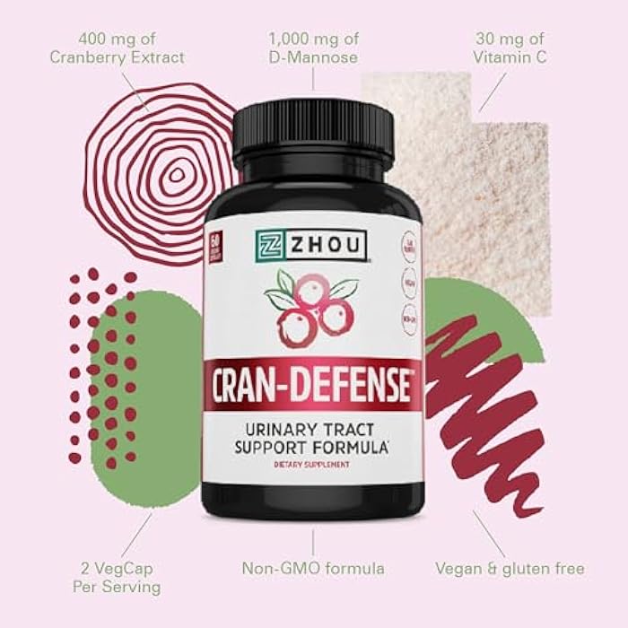 Zhou Cran-Defense - Cranberry Pills for Women & Men, D Mannose with Cranberry Extract, 1000 mg D-Mannose Per Capsule for Urinary Tract Health, Antioxidant Support - 60 Veggie Capsules - Image 4