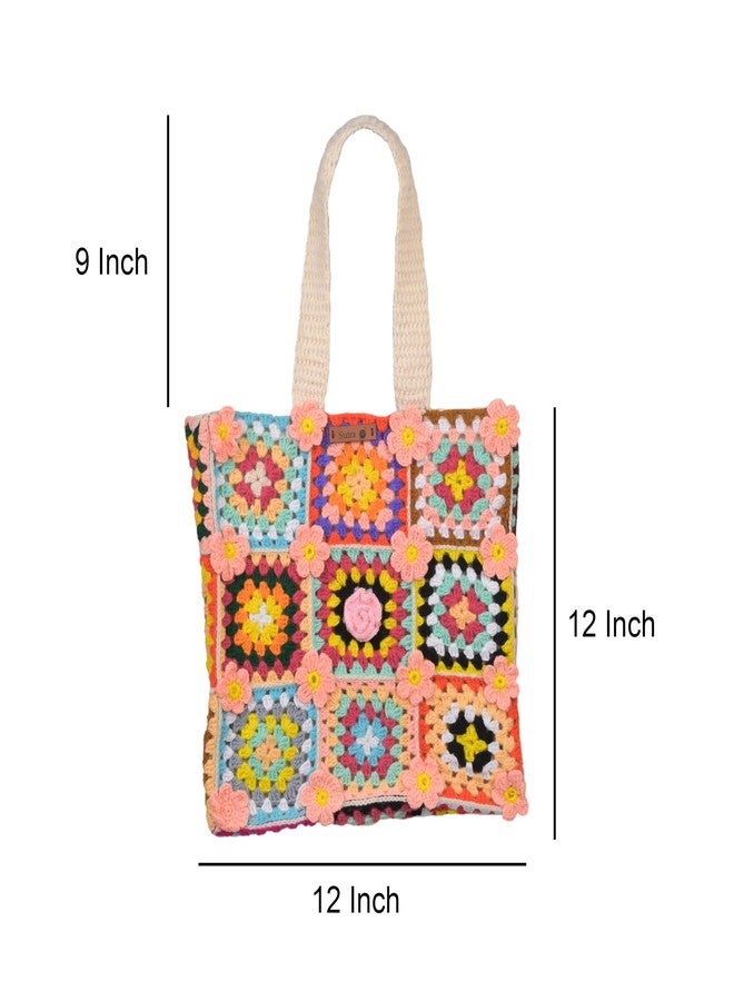 Sutra Handmade Wool Crochet Multicolor Granny Tote Bag | Boho Shoulder Purse | Eco-Friendly Reusable Tote Bag | Summer Beach Handbag for Women Girls - Image 2